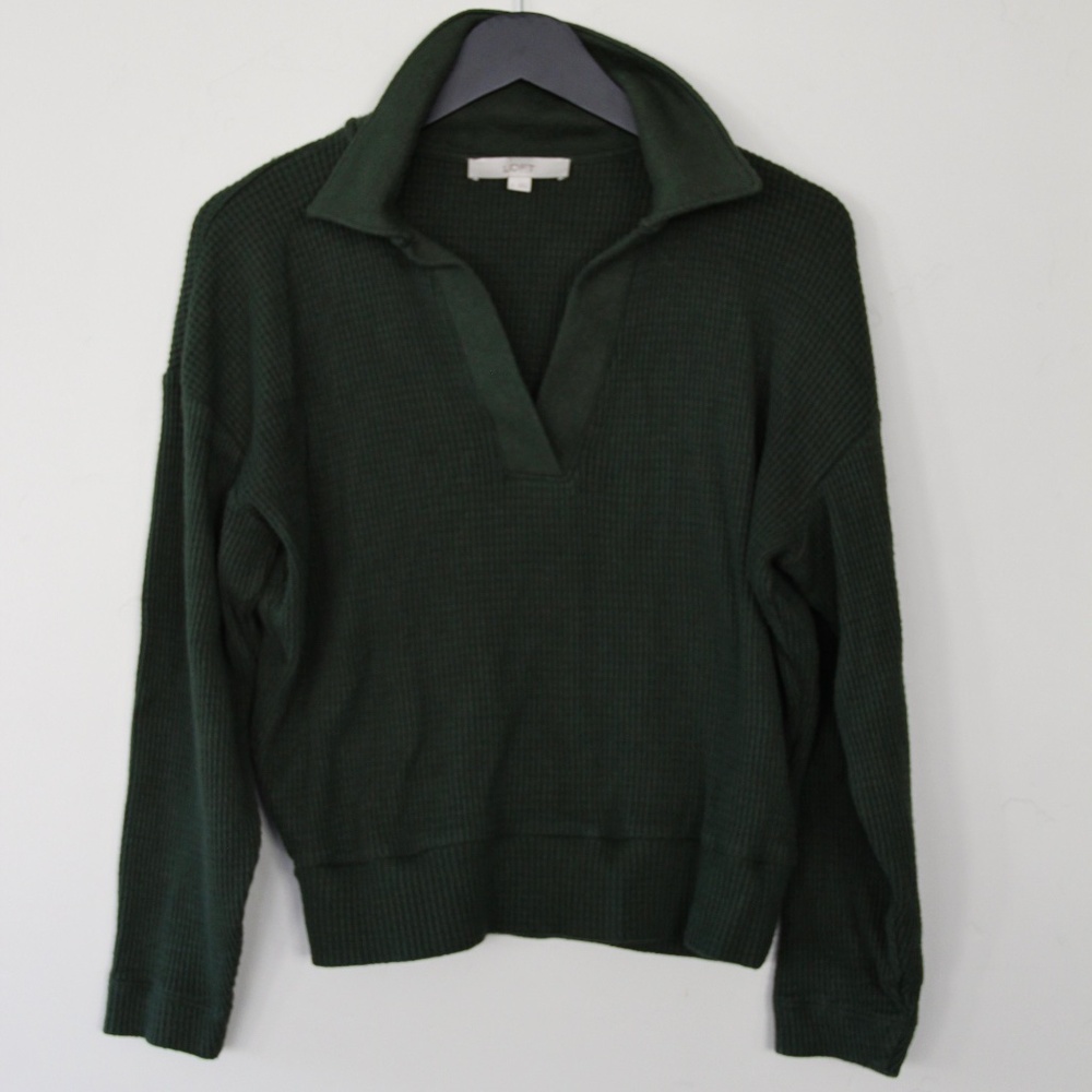 LOFt Hunter Green Waffle Knit Collared V-Neck Top Size Small